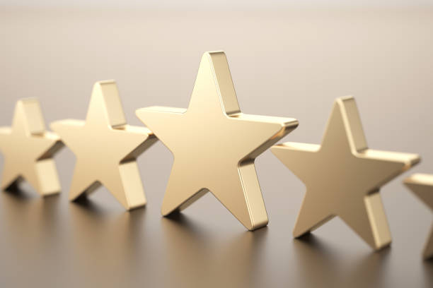 five gold stars - first class star shape rank gold imagens e fotografias de stock