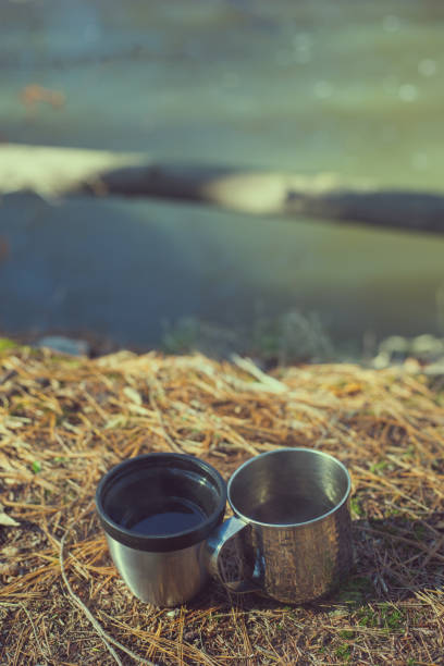 istock Two mugs on pine needles near river bank on sunny day 941919524