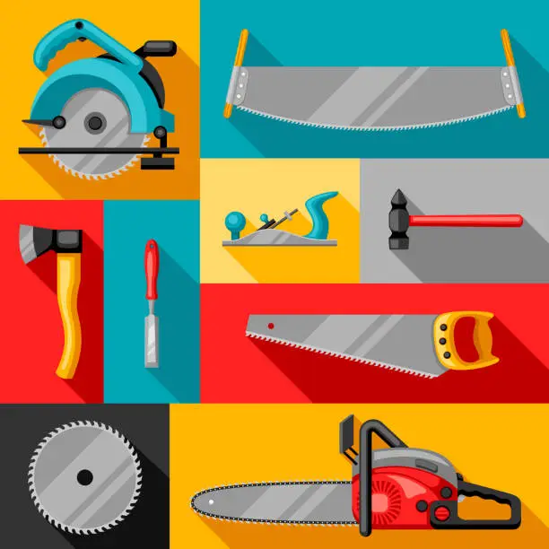 Vector illustration of Background with equipment and tools for forestry and lumber industry