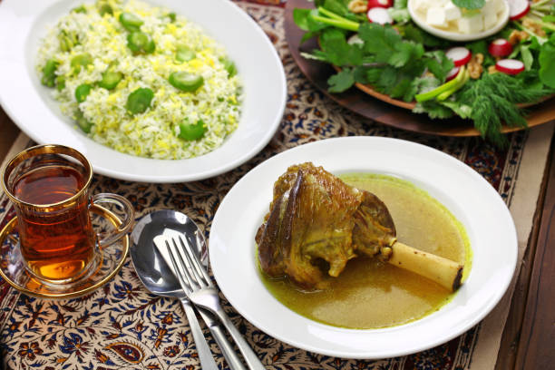 iranian persian cuisine - lamb shank dinner meal imagens e fotografias de stock