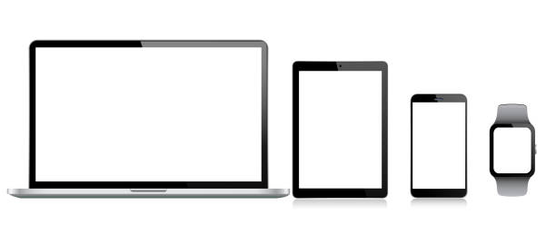 ilustraciones, imágenes clip art, dibujos animados e iconos de stock de tablet, teléfono móvil, portátil y elegante reloj - computer computer monitor white background laptop