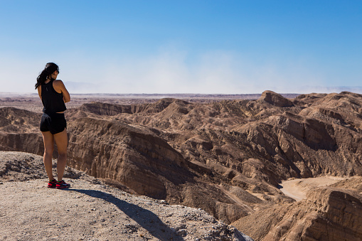 Woman standing at viewpoint exploring the Anza Borrego Desert in California.