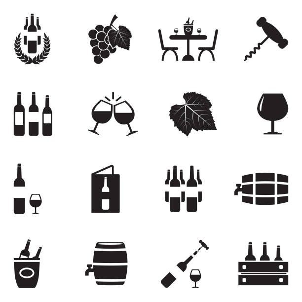 иконки вина. черный плоский дизайн. векторная иллюстрация. - computer icon symbol cork wine stock illustrations