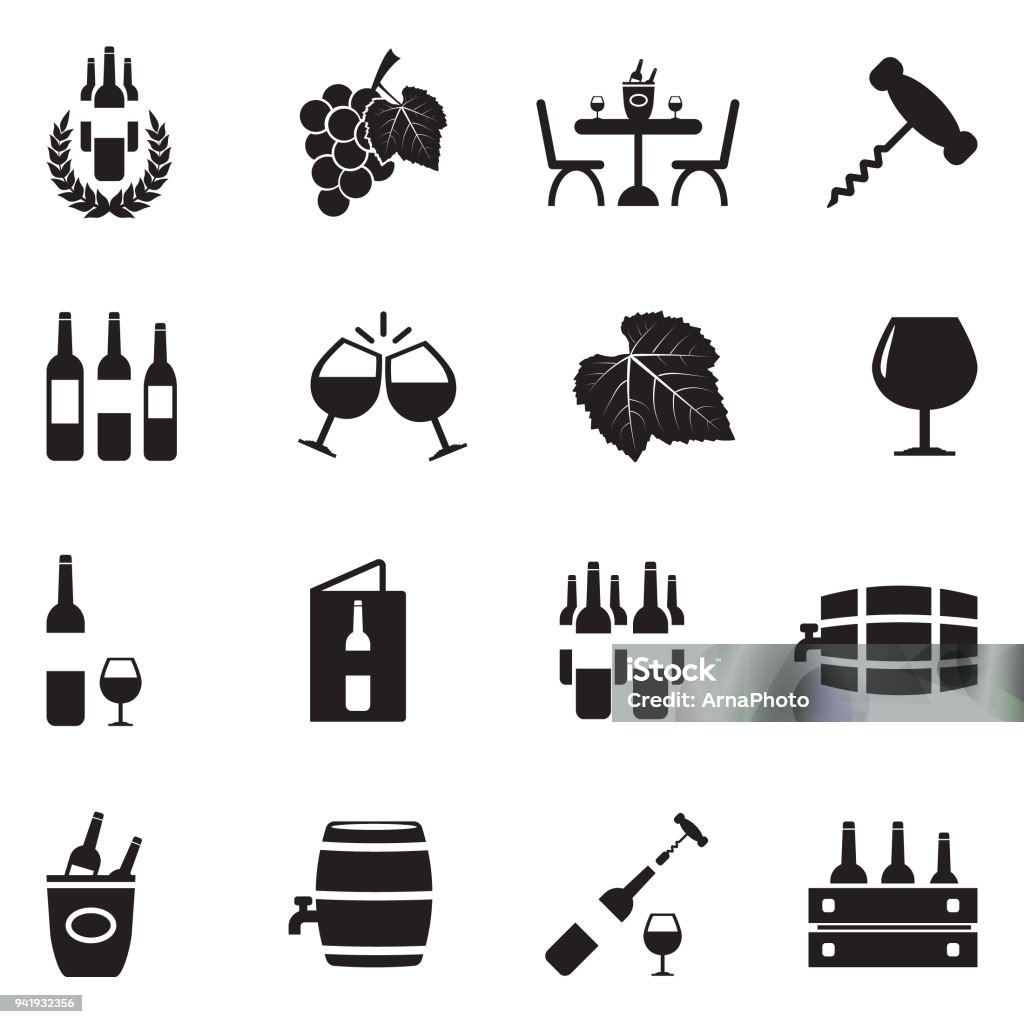 Wine Icons. Black Flat Design. Vector Illustration. Wine, Bar, Drinking, Addiction, Fun. Icon Symbol stock vector