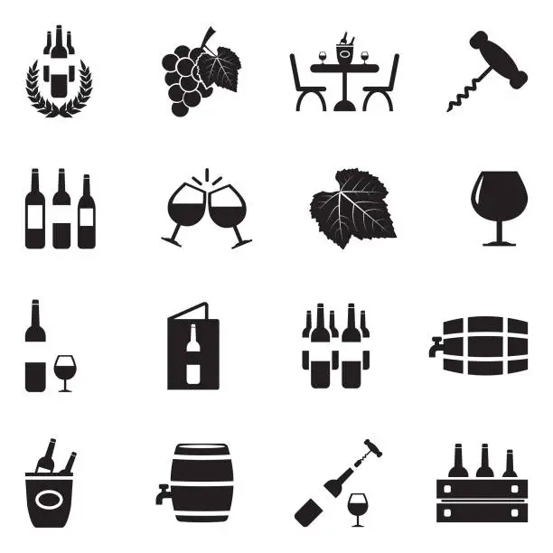 Vector illustration of Wine Icons. Black Flat Design. Vector Illustration.