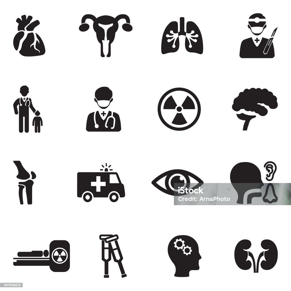 Hospital Departments Icons. Black Flat Design. Vector Illustration. Radiology, Cardiology, Gynecology, Neurology, Pediatrics, Pulmonary, Psychiatry. Icon Symbol stock vector