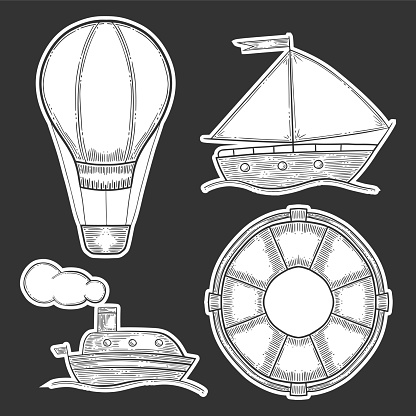Vacation set, air balloon or aerostat and ship, sail vessel and lifebuoy, active recreation. Hand drawn vector in engraving and sketch style.