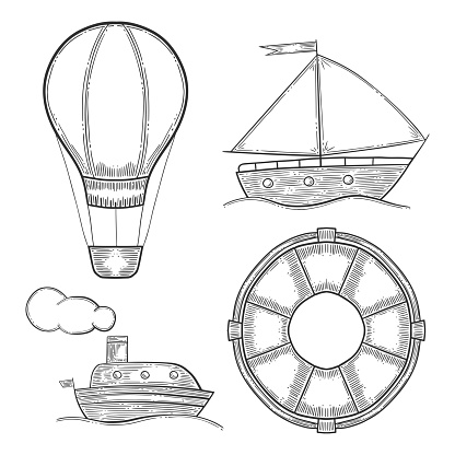Vacation set, air balloon or aerostat and ship, sail vessel and lifebuoy, active recreation. Hand drawn vector in engraving and sketch style. Isolated on white background.