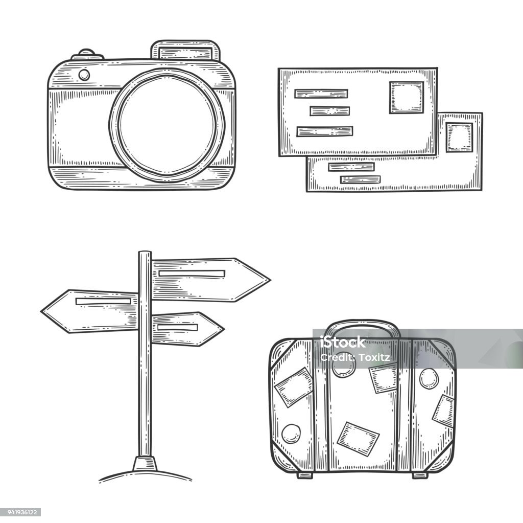 Vacation set, digital photo camera and handbag, wooden signpost and letters with stamps. Hand drawn vector in engraving and sketch style. Isolated on white background Vacation set, digital photo camera and handbag, wooden signpost and letters with stamps. Hand drawn vector in engraving and sketch style. Isolated on white background, Camera - Photographic Equipment stock vector
