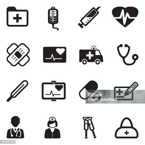 Ambulance Icons Black Flat Design Vector Illustration Stock Illustration - Download Image Now