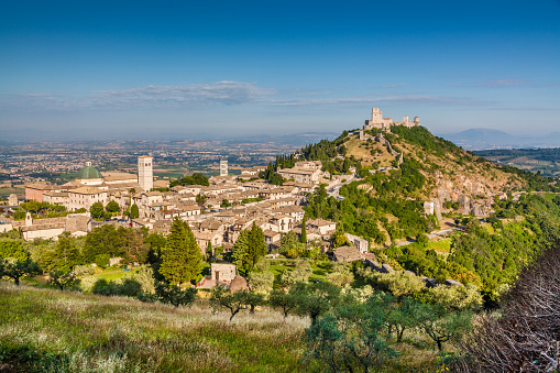 Drone view of Castello di Gargonza, a fortified borough located in the province of Arezzo