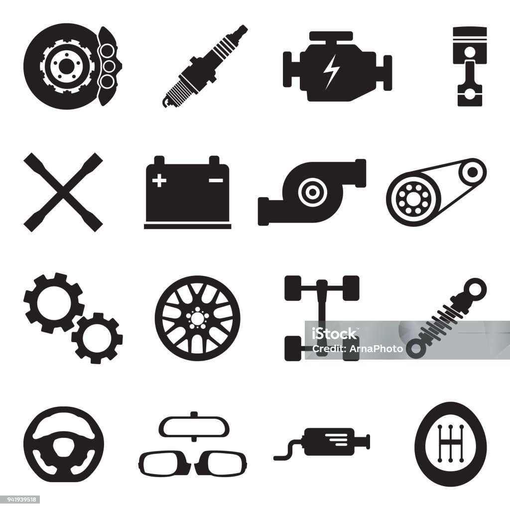 Car Parts Icons. Black Flat Design. Vector Illustration. Suspension, Rims, Spare, Motor. Icon Symbol stock vector