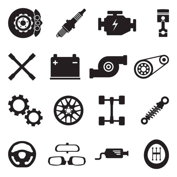 Car Parts Icons. Black Flat Design. Vector Illustration. Suspension, Rims, Spare, Motor. electric motor stock illustrations