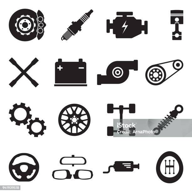 Car Parts Icons Black Flat Design Vector Illustration Stock Illustration - Download Image Now
