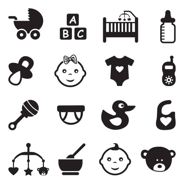 baby-symbole. schwarze flache bauweise. vektor-illustration. - rassel stock-grafiken, -clipart, -cartoons und -symbole