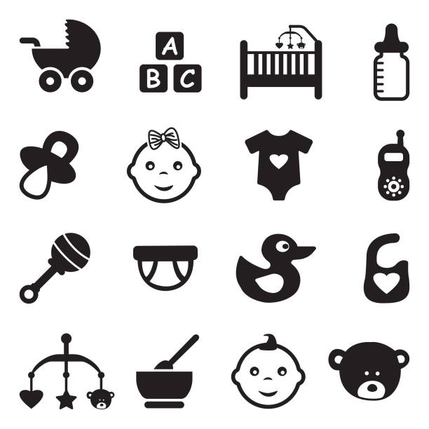 детские иконки. черный плос�кий дизайн. векторная иллюстрация. - symbol computer icon bed safety stock illustrations