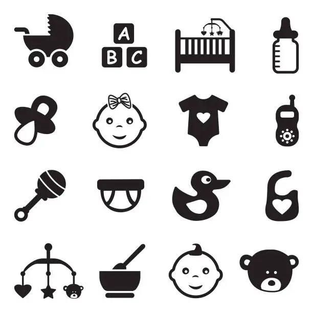 Vector illustration of Baby Icons. Black Flat Design. Vector Illustration.