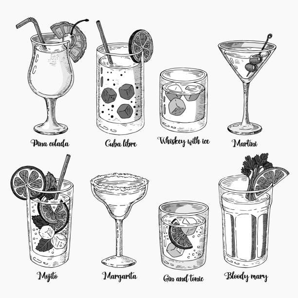 illustrations, cliparts, dessins animés et icônes de ensemble de croquis colorés isolé cocktails. margarita, whisky, tequila. mojito, bloody mary et cuba libre - tonic water