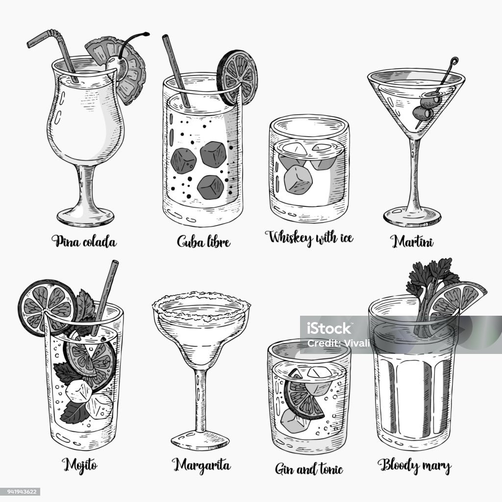 Set of isolated colorful sketch cocktails. Margarita, whiskey, tequila. Mojito, bloody mary and cuba libre Alcoholic drinks sketch set. Set of isolated colorful sketch cocktails. Cocktail stock vector