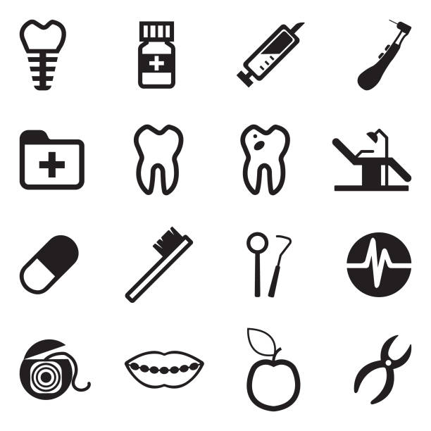 ilustraciones, imágenes clip art, dibujos animados e iconos de stock de iconos de la dentista. diseño plano negro. ilustración de vector. - dental hygiene elegance black toothbrush