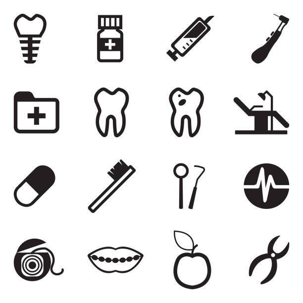 Dentist Icons. Black Flat Design. Vector Illustration. Stomatology, Dental Medicine, Healthcare, Tooth. shot apple stock illustrations