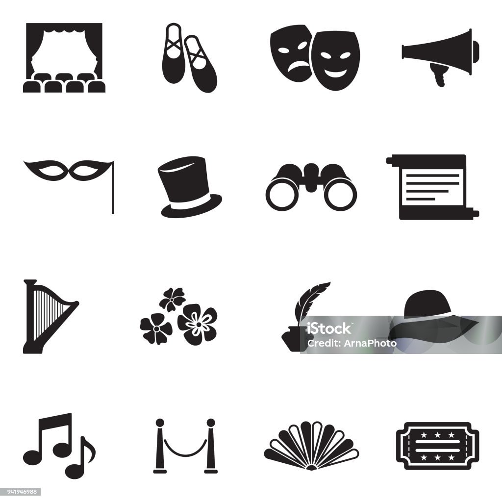 Theater Icons. Black Flat Design. Vector Illustration. Stage, Entertainment, Arts, Drama, Opera. Icon Symbol stock vector