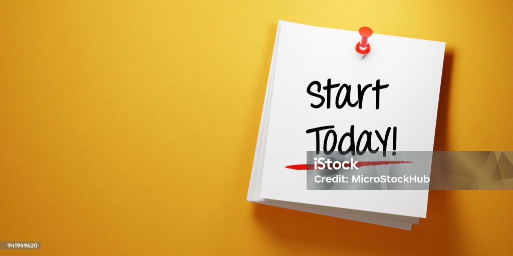 White Sticky Note with Start Today Message And Red Push Pin On Yellow Background High quality 3d render of a white sticky note with red push pin  on yellow background. Start today writes on sticky note and it is casting soft shadows on yellow background. Horizontal composition with copy space. To Do List concept. Beginnings Stock Photo