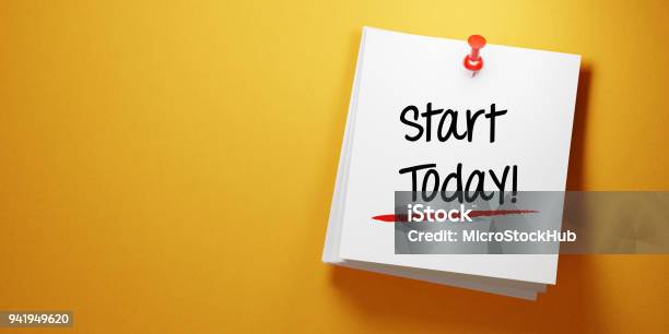 White Sticky Note With Start Today Message And Red Push Pin On Yellow Background Stock Photo - Download Image Now