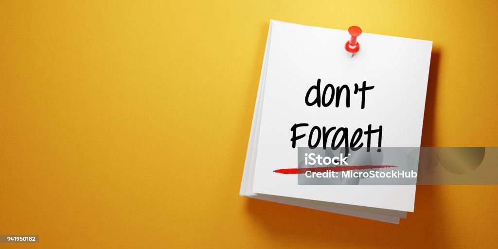 White Sticky Note With Don't Forget Message And Red Push Pin On Yellow Background High quality 3d render of a white sticky note with red push pin  on yellow background. Don't Forget writes on sticky note and it is casting soft shadows on yellow background. Horizontal composition with copy space. To Do List concept. Reminder Stock Photo