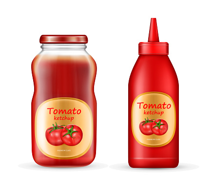 Vector realistic set with two bottles of ketchup, plastic and glass jars with closed lids and labels isolated on background. Red tomato sauce, paste, natural spicy condiment, mockup for package design