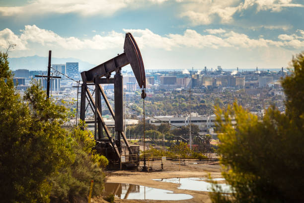 Oil Pumpjack Overlooking the Westside of Los Angeles stock photo