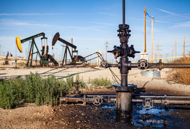 Leaky Pump Wellhead Oozing Petroleum Oil Into a Puddle stock photo