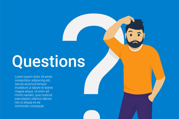 People with gadgets and mobile app blank Young man standing near big question symbol and he needs to ask help or advice via live chat, help desk or faq. Flat concept vector illustration of online support on blue background q and a illustrations stock illustrations