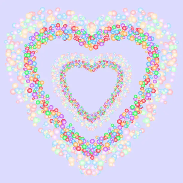 Vector illustration of Heart shape pattern formed by colorful bubbles in various sizes on bluish gray background. Vector illustration.