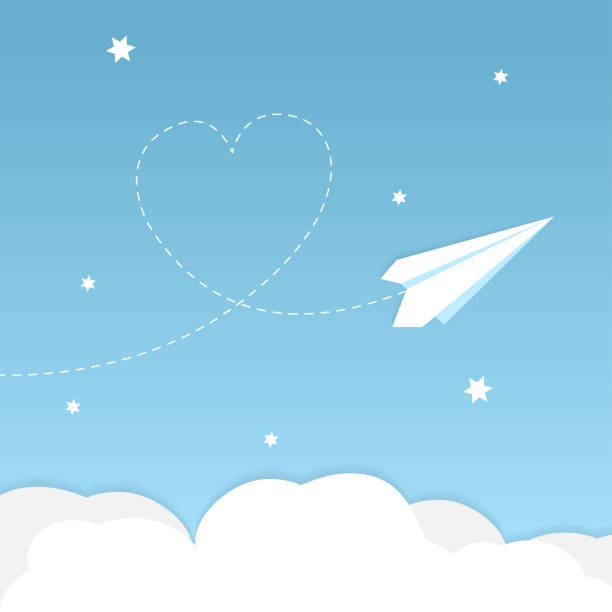 illustrazioni stock, clip art, cartoni animati e icone di tendenza di sfondo aereo di carta con cuore - love transportation cloud cloudscape