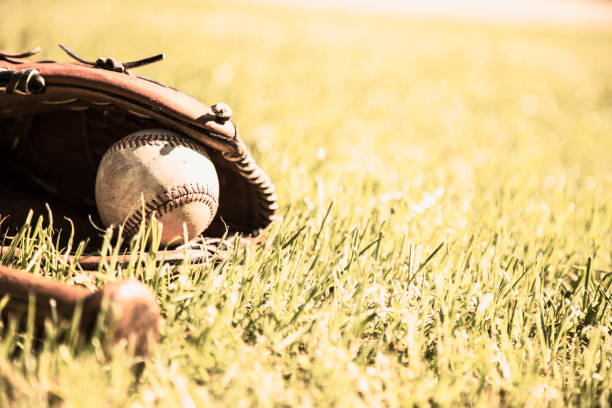 бейсбольный сезон здесь.  летучая мышь, перчатка и мяч на поле. - baseball spring training baseballs sports glove стоковые фото и изображения