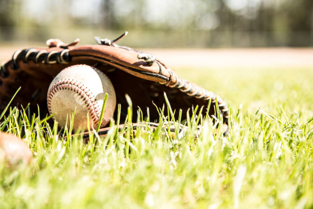 бейсбольный сезон здесь.  летучая мышь, перчатка и мяч на поле. - baseball spring training baseballs sports glove стоковые фото и изображения