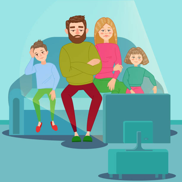 Bored Family Watching TV. Television Addiction. Unhappy Parents with Children Sitting on Sofa behind TV Set. Vector illustration Bored Family Watching TV. Television Addiction. Unhappy Parents with Children Sitting on Sofa behind TV Set. Vector illustration bored children stock illustrations