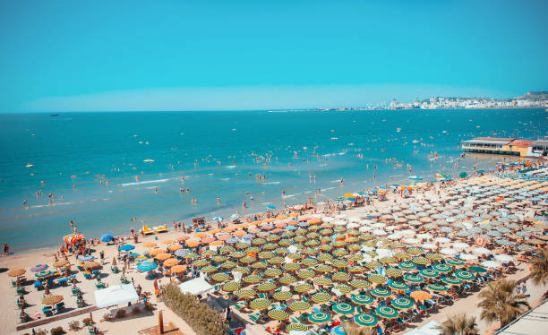 Aerial view Albanian Adriatic sea coastline Sunny day and panoramic view to Durres beach. Blue sky and water of Adriatic Sea. albania photos stock pictures, royalty-free photos & images