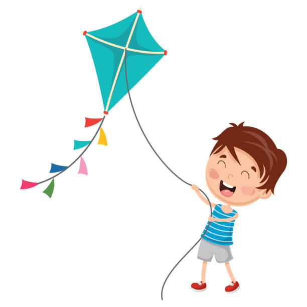 Vector Illustration Of Kid Playing Kite Vector Illustration Of Kid Playing Kite kite toy stock illustrations