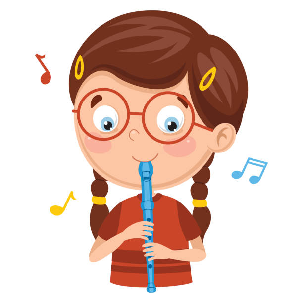 ilustraciones, imágenes clip art, dibujos animados e iconos de stock de ilustración vectorial de niños tocando flauta - guitar playing music human face