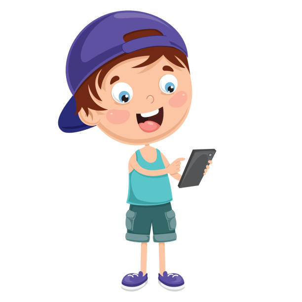 ilustrações de stock, clip art, desenhos animados e ícones de vector illustration of kid using mobile device - kid photo