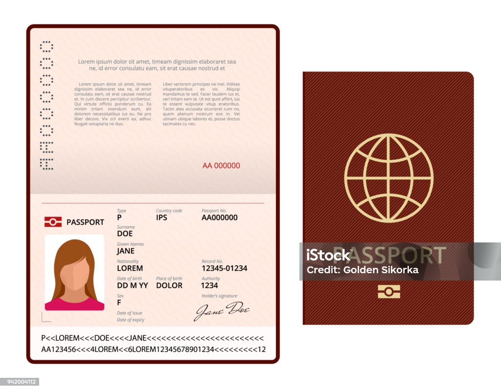Vector Blank open passport template. International passport with sample personal data page. Document for travel and immigration. Isolated vector illustration. Vector Blank open passport template. International passport with sample personal data page. Document for travel and immigration. Isolated vector illustration Passport stock vector