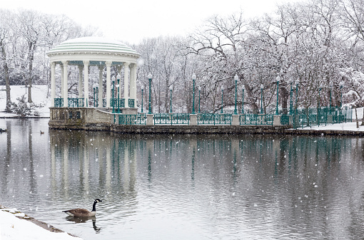 The bandstand at Roger Williams Park during a snowfall, Providence, Rhode Island