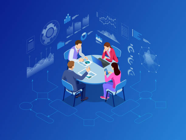 ilustrações de stock, clip art, desenhos animados e ícones de isometric business people talking conference meeting room. team work process. business management teamwork meeting and brainstorming. vector illustration. - four people illustrations