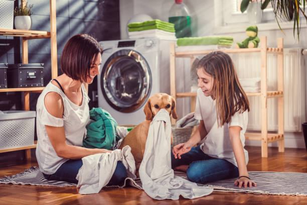Mother, daughter and dog having fun at laundry room Mother and daughter with small yellow dog sitting on the floor sorting clothes for washing and having fun at laundry room utility room stock pictures, royalty-free photos & images