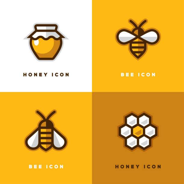 Four honey icons. Four linear honey icons with bee symbol, jar and honeycomb in a shape of flower. honey illustrations stock illustrations