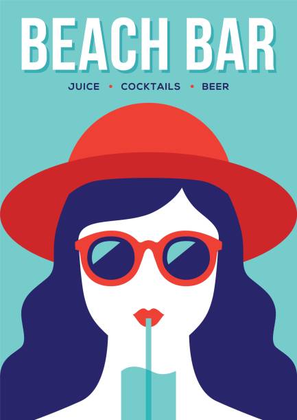 Beach bar banner with girl drinking cocktail. Beach bar banner or poster design with girl in red summer hat and sunglasses drinking cocktail. Flat illustration in retro style. drinking illustrations stock illustrations