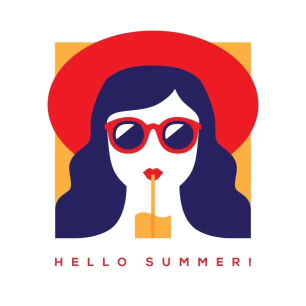 Vector illustration of Hello summer card with girl in sunglasses and hat.