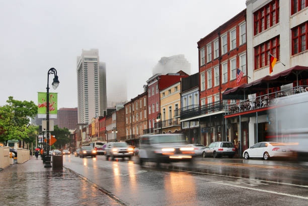 New Orleans cityscape during rainy day.